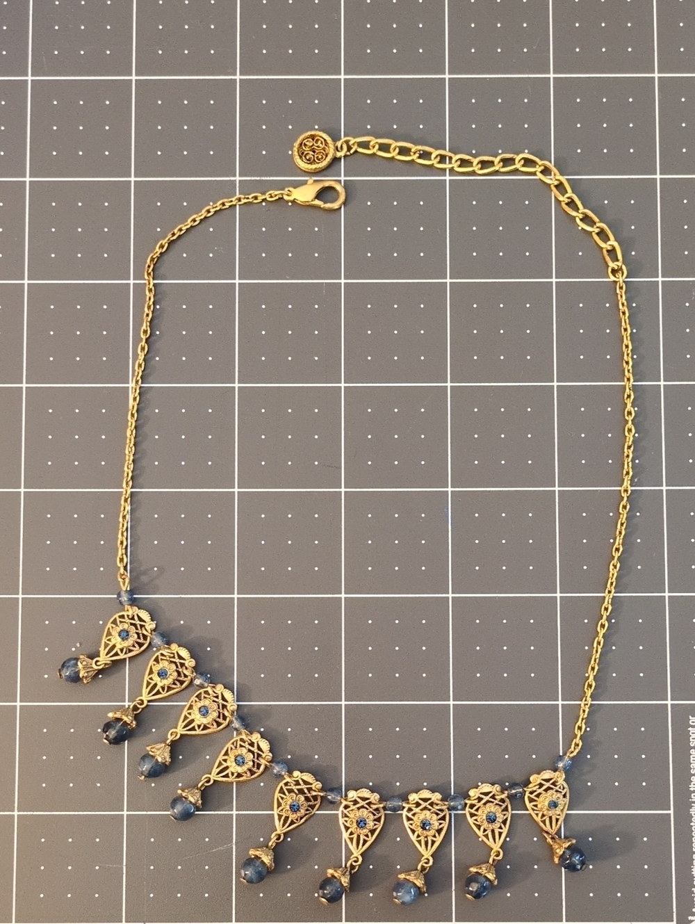 Vtg Gold-Tone Filigree Necklace with Blue Gem Drops